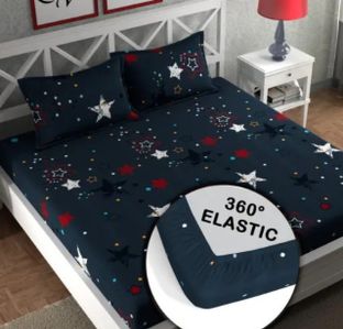Moonroof Cotton Double Fitted (Elastic) 244 TC Printed 1 Summer Bedsheet with 2 Pillow Covers(Blue Star)