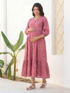 Janasya Women Tiered Pink Midi/Calf Length Dress