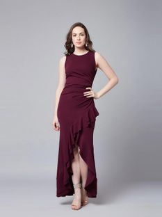 ATHENA Women Asymmetric Maroon Maxi/Full Length Dress
