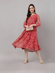Janasya Women Fit and Flare Red Midi/Calf Length Dress