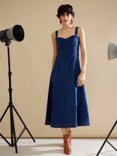SASSAFRAS Women A-line Dark Blue Midi/Calf Length Dress