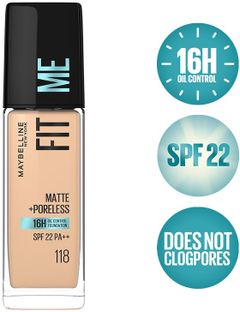 MAYBELLINE NEW YORK Matte+Poreless Liquid Foundation (With Pump & SPF 22) Foundation(118 Light Beige, 30 ml)