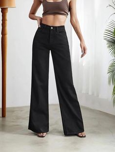 KOTTY Wide Leg Women Black Jeans