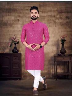 vuriq Men Embellished Straight Kurta(Pink)