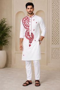 Barshaa Men Embroidered Straight Kurta(White, Red)