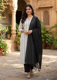 Maharaja textile Women Printed A-line Kurta(White, Black)