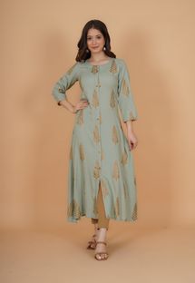 INDIANIC Women Printed A-line Kurta(Green)