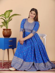 CHARVI CREATION Women Printed Anarkali Kurta(Blue)