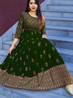 BRAHMASTRA Women Printed Anarkali Kurta(Dark Green)