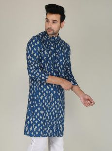 FUBAR Men Printed Straight Kurta(Blue)
