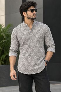 VLS Collection Men Floral Print Asymmetric Kurta(Grey)