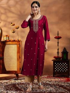 SHREEGAJANANMAHARAJ Women Embellished A-line Kurta(Maroon)