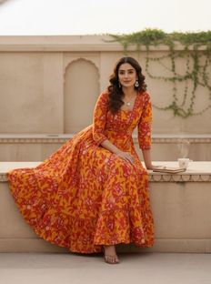 Sa Rasa Women Printed Anarkali Kurta(Orange)