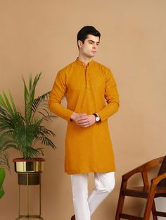FUBAR Men Chikan Embroidery Straight Kurta(Yellow)