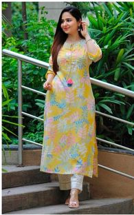 Sa Rasa Women Printed Straight Kurta(Yellow)