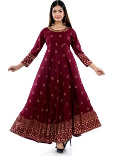 DOM Women Printed Anarkali Kurta(Maroon)