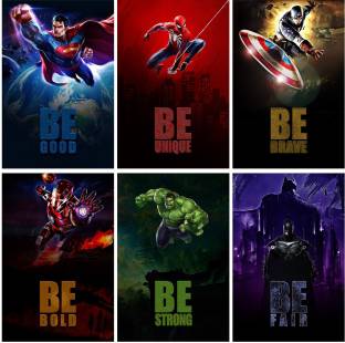 Superhero's Wall Posters and Inspirational, Motivational Quotes, (Iron Man,  Batman, Capt. America, Superman, Spiderman, Hulk) for Office, Home and gym,  Pack of 06 (18 inch X 12 inch), Rolled Paper Print -