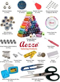 Aezzo Sewing Kit Double Layer Multipurpose Tailoring Sewing Kit Box with all Accessories like 300 Meter Thread Spool, Needle Compact, Thread Cutter, Measure Tape, Dress & Trouser Hook, Bobbins, Shirt Buttons, Seam Ripper, Scissor, Pearl Pin etc. with Heavy, Durable and Flexible Transparent Plastic Sewing Kit Box. Sewing Kit
