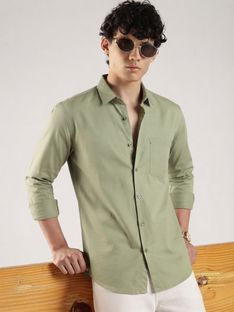 Roadster Men Solid Casual Light Green Shirt