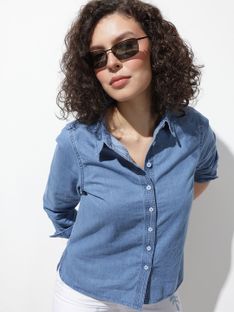 Roadster Women Solid Casual Blue Shirt