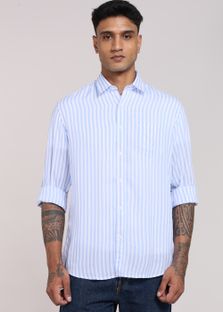 PETER ENGLAND Men Striped Casual Blue Shirt