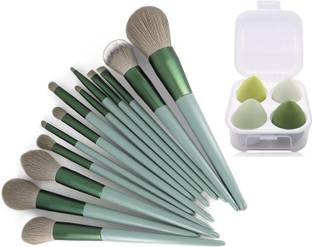 FIRST BEAUTY FIRST BEAUTY 13 Pcs Professional Green Makeup Brush Set with 4 Beauty Blender Puff & Pouch