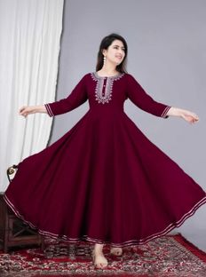 Poonam Fashion Women Embroidered Anarkali Kurta(Brown)
