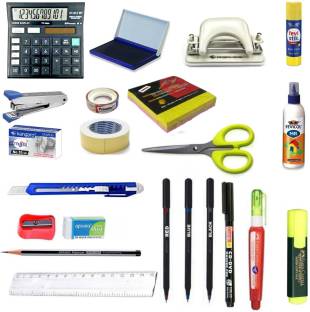  | Book birds Stationery kit for Home Office use- Proffesional  student kit - Calculator, Stampad, Paper Hole maker, Fevistick, Stapler,10  mm Pins, Plaster, 2 side plaster, yellow stick notes, Scissors, Fevicol,
