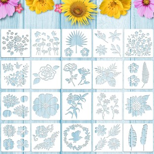 24 Pieces Flower Stencils Kit Rose Sunflower Floral Butterfly Bird Leaf Spring Summer Stencil Drawing Reusable Stencils Painting Template Stencil for Painting on Wood Wall Home Decor 6 x 6 Inch 
