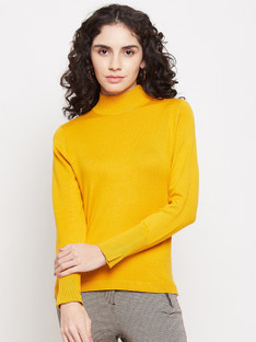 Neck Casual Women Yellow Sweater 