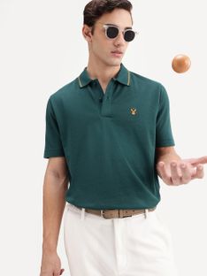 RARE RABBIT Solid Men Polo Neck Green T-Shirt