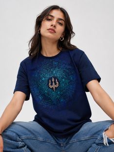 Patche Printed Women Round Neck Dark Blue T-Shirt