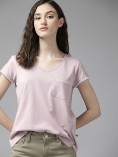 Roadster Solid Women V Neck Purple T-Shirt