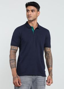 PETER ENGLAND Solid Men Polo Neck Navy Blue T-Shirt