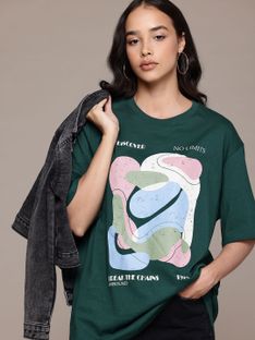 Roadster Printed Women Round Neck Green T-Shirt