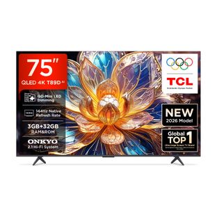 TCL QD-Mini LED Dimming T89D 189.31 cm (75 inch) QLED Ultra HD (4K) Smart Google TV 2026 Edition with 450 nits Brightness, 144Hz Native Refresh Rate, 42W ONKYO 2.1 Hi-Fi System,� 3GB RAM+32GB ROM(75T89D)