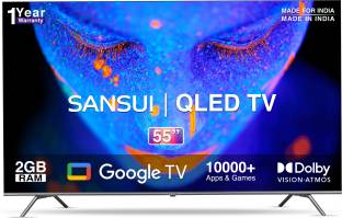 Add to Compare Sansui 140 cm (55 inch) QLED Ultra HD (4K) Smart Google TV Dolby Vision and Dolby Atmos, Black 4.3178 Ratings & 33 Reviews Operating System: Google TV Ultra HD (4K) 3840 x 2160 Pixels 1 year comprehensive warranty and 1 year additional warranty on the panel ₹36,990 ₹59,990 38% off Free delivery Upto ₹11,000 Off on Exchange No Cost EMI from ₹3,083/month