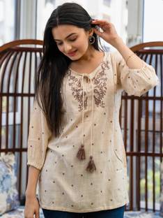 RR SA KURTIS RR SA KURTIS Casual Embroidered Women Beige Top