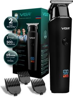 VGR V-937 Professional Hair Trimmer with LED Display Trimmer 500 min Runtime 4 Length Settings(Black)