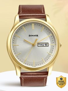 SONATA NP77082YL06W Sonata EStainless Steelentials Champagne Dial Brown LeatherStrap Analog Watch - For Men