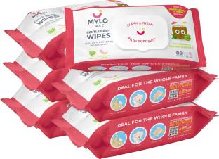 MYLO Gentle Baby Wipes, Soft Cleansing Baby Wipes with Coconut Oil, 98% Pure Water & Aloe Vera, 0% Alcohol, Parabens and Soap Free, Ideal For Your Baby's Everyday Skin Care Routine, with lid (80 Pieces, Pack of 6), Comes with a Seal Lid