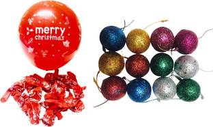 Priyankish 20 Red Merry Christmas Balloons & 12 Multi Glitter Balls Combo Hanging Ornaments