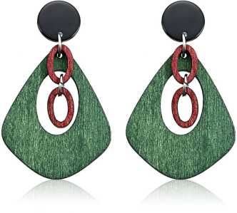 Women Retro Green Oval Round Wooden Drop Dangle Wood Ear Stud Earrings Jewelry