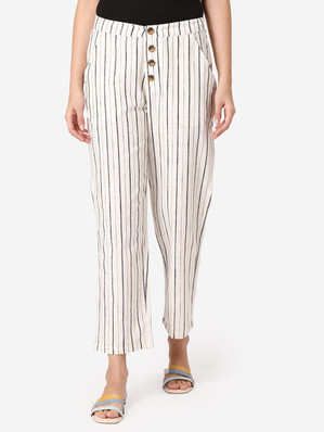 white and black striped trousers