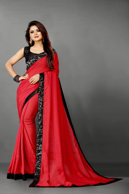 red plain saree with black border