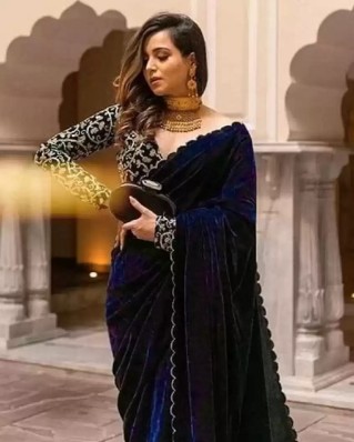 Embroidered Saree with Unstitchd Blouse_Black Women's Indian Velvet & Rasal Net 