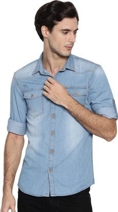 OJASS Men Self Design Casual Light Blue 