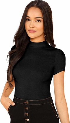 Buy LIME Solid Women High Neck Black T 