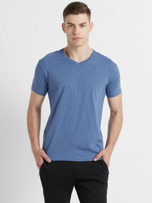 JOCKEY Solid Men V Neck Blue T-Shirt 