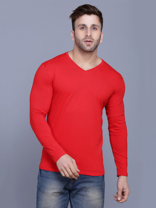 Menkovy Solid Men V Neck Red T-Shirt 